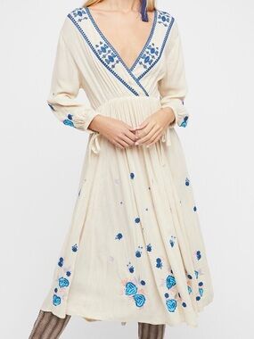 Free People Cream Midi Dress with Blue Embroidery
